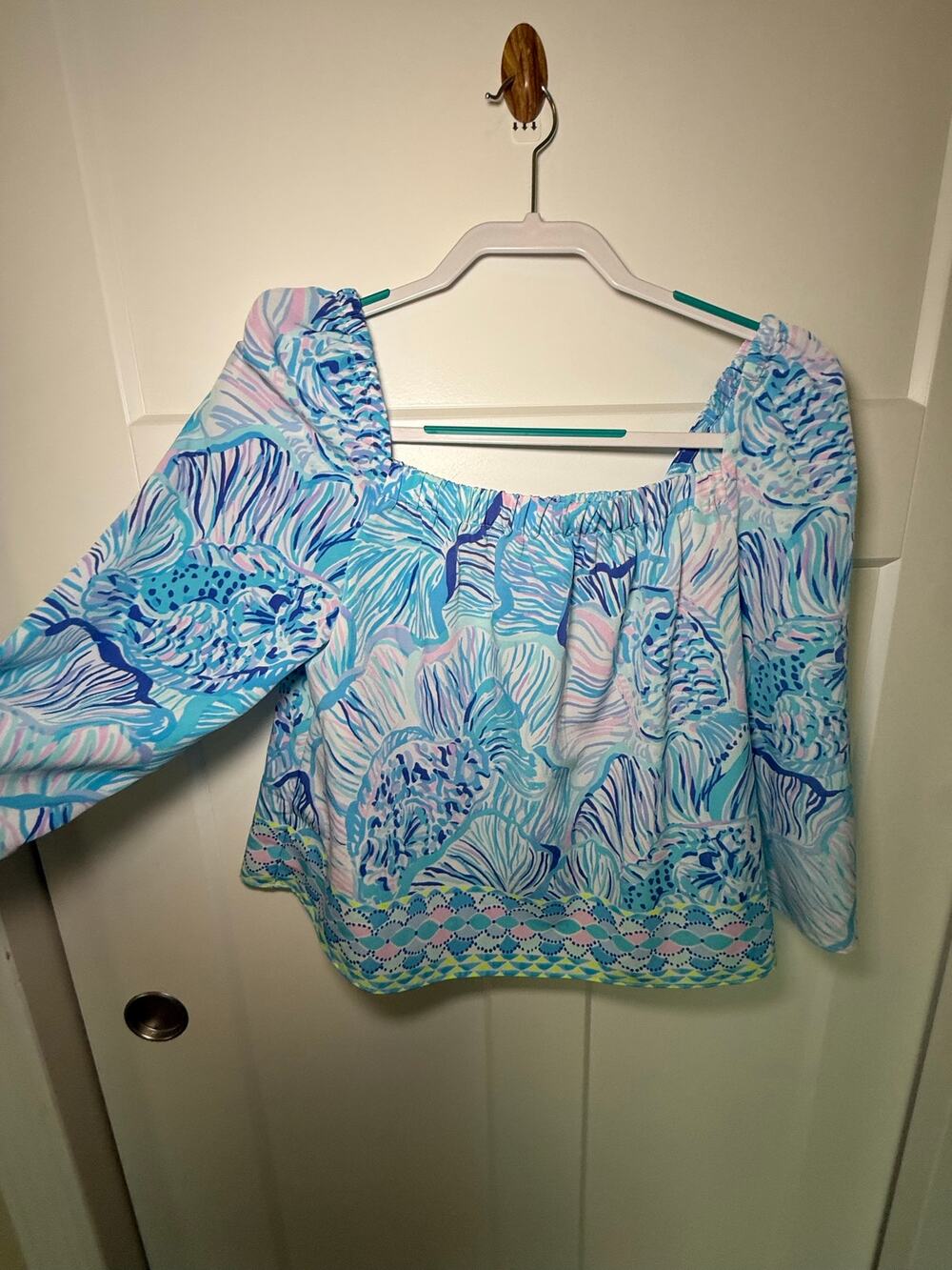Lilly Pulitzer Blue Seashell Print Square Neck Puff Sleeve Top XS